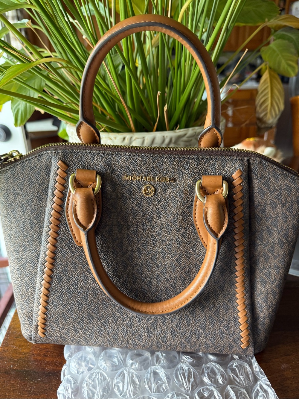 Michael Kors Brown/Tan Logo-Print Satchel